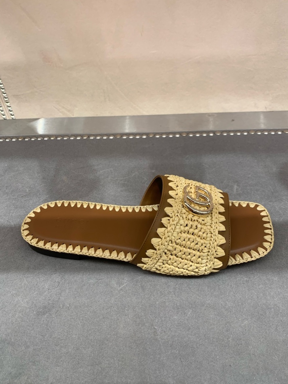 Gucci Beige and Brown Raffia Slide Sandal with Gold Logo